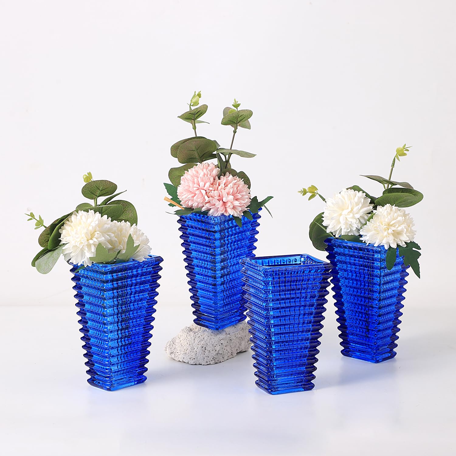 Photo 1 of MCMCNCUIU Crystal Vases Set of 4, Blue Glass Vases, Crystal Vase for Centerpieces, Modern Flower Vase for Living Room, Bedroom, Kitchen, Dining Table, Shelf, Wedding, 6 Inches