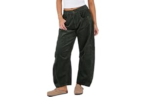 SeekMe Women's Corduroy Pants Barrel Mid-Rise Elastic Waist Cord Pants Casual Wide Leg Baggy Trouser with Pockets