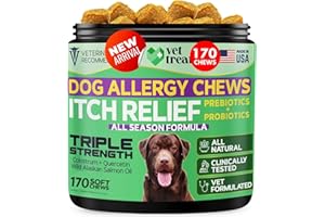 Vet Treat Dog Allergy Relief Chews - 170 Dog Allergy Chews - Itch Relief for Dogs - Anti Itch for Dogs - Dry & Itchy Skin - Allergies & Immune Support Supplement, Omega 3 Fish Oil, Colostrum - USA
