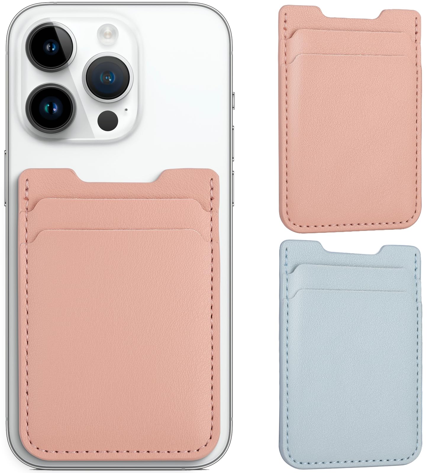 2Pack Phone Wallet Stick on, Phone Card Holder, Leather Credit Card Holder for Phone Case Stick on, Double Pocket Sticky Card Holder for Back of Phone Case for iPhone, Android, Samsung-Blue,Pink