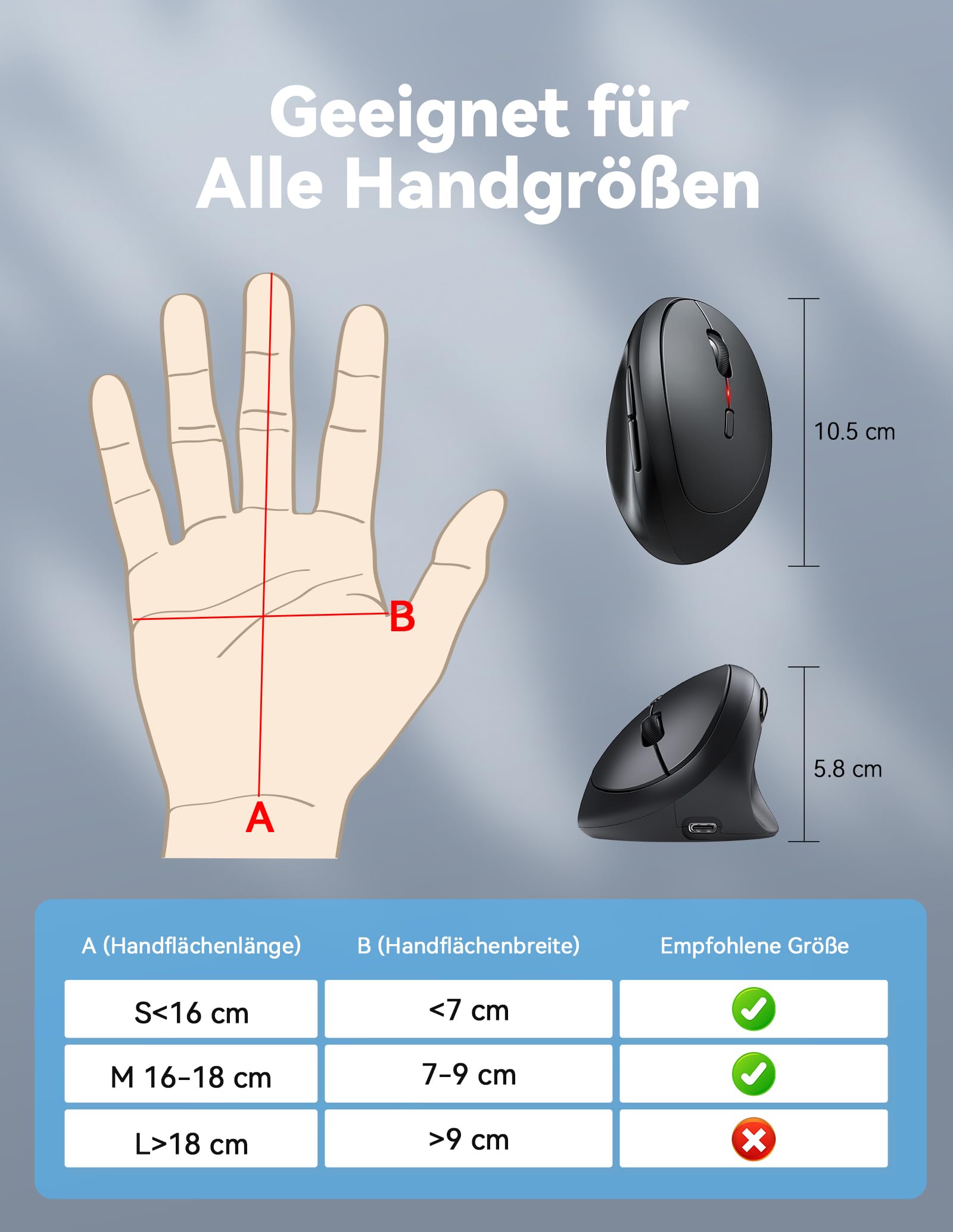 TECKNET Ergonomische Maus Bluetooth, Wiederaufladbar Maus Kabellos mit 3 Gerät (BT 5.0/3.0 + 2.4G), 6 Tasten, 4800 DPI Leise Vertikale Funkmaus für Laptop, Computer, iPad, Mac, Windows 5