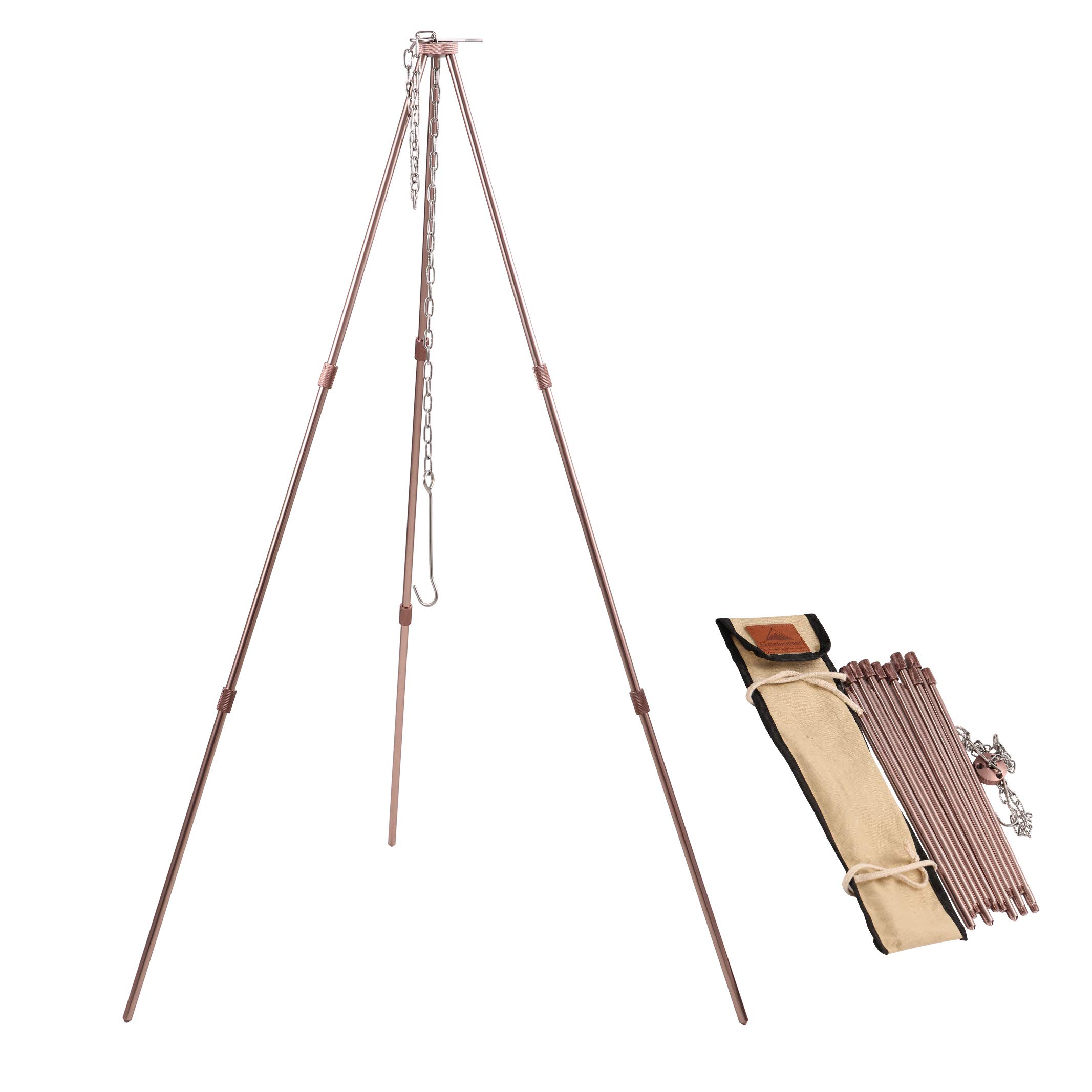 CAMPINGMOON Camping Campfire Tripod with Carrying Bag Portable Lightweight Aluminum 31.5-inch Height Stainless Steel Chain Bronze