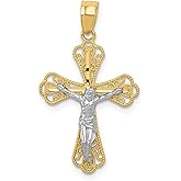 10k Real Gold Crucifix Pendant Necklace for Men and Women with Rhodium Filigree Cross Detailing Classic Religious Jewelry Piece Spiritual Dual Tone Christian Catholic Gold Pendant Faith Accessory