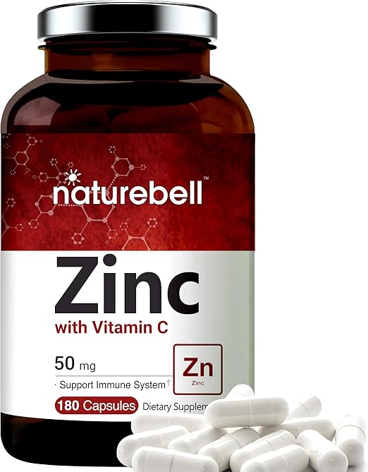 Zinc 50mg (Zinc Supplement with Vitamin C), 180 Capsules