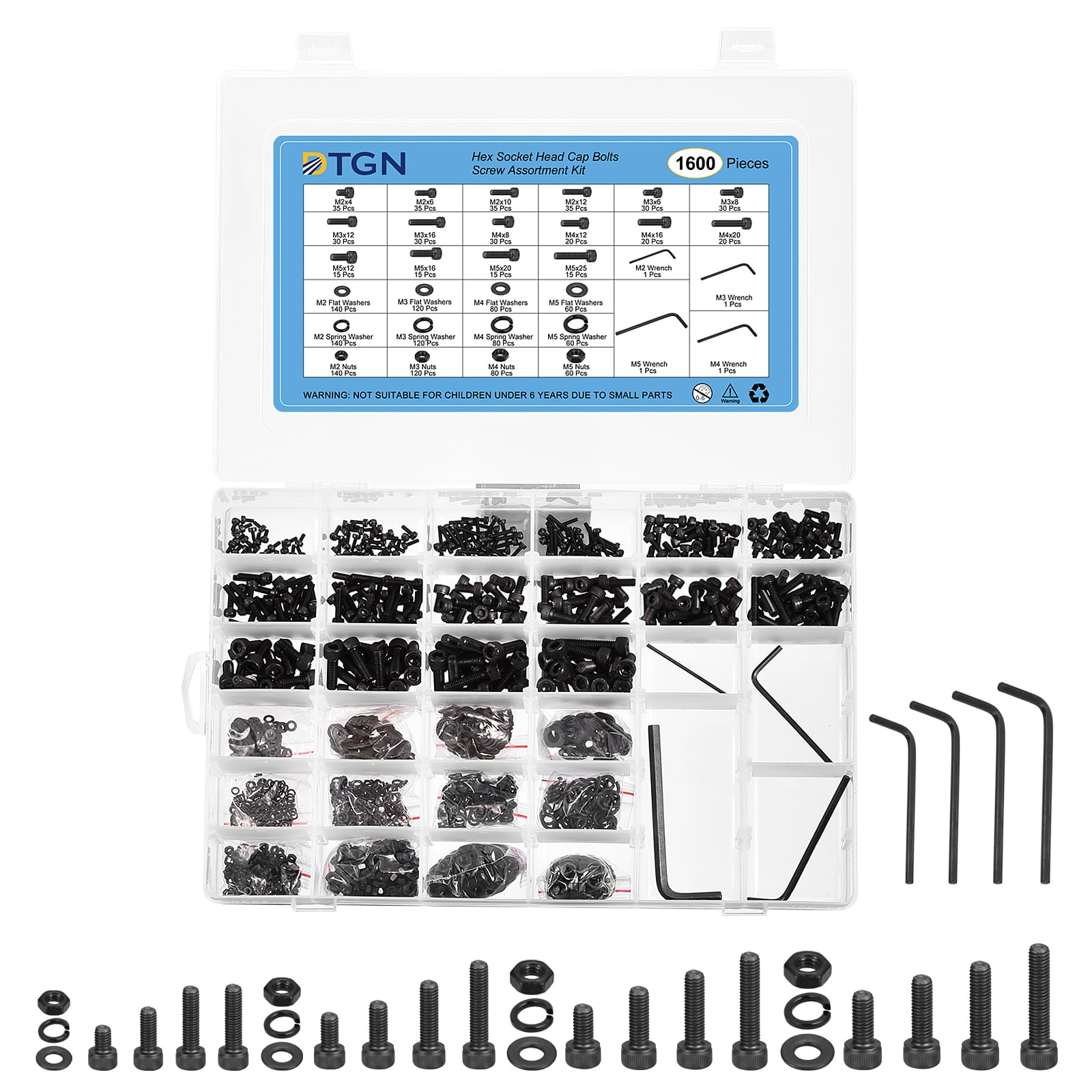 DTGN 1600Pcs Metric Screw Assortment, M2/M3/M4/M5 Bolts and Nuts Kit, 12.9 Grade Steel Steel M2/M3/M4/M5x4/6/8/10/12/20/25mm Hex Socket Head Cap Screws Bolt Set with Washer & Wrench