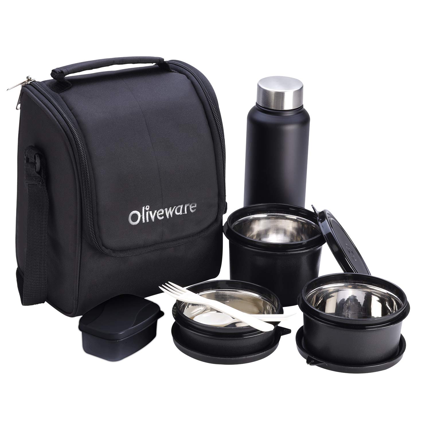 Oliveware Teso Lunch Box with Bottle Black 3 Stainless Steel