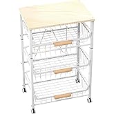NiuYichee 4-Layer Fruit Basket Kitchen Food Storage Organizer and Storage Rack, Stackable Storage cart with Desktop, Pull-Out Hollow Metal Storage Basket, liding Out Storage,White