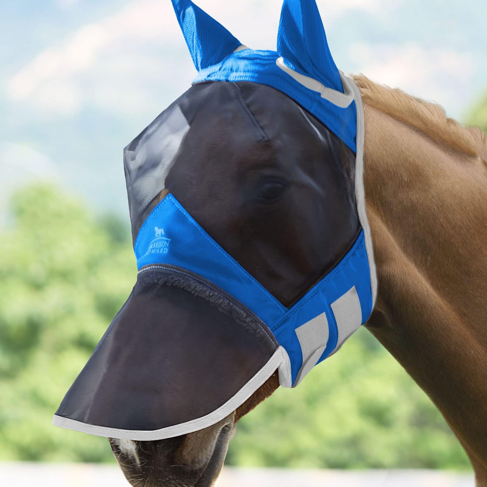 Harrison Howard CareMaster Pro Luminous Horse Fly Mask Large Eye Space Long Nose with Ears UV Protection for Horse Signature Blue XL Extra Full Size