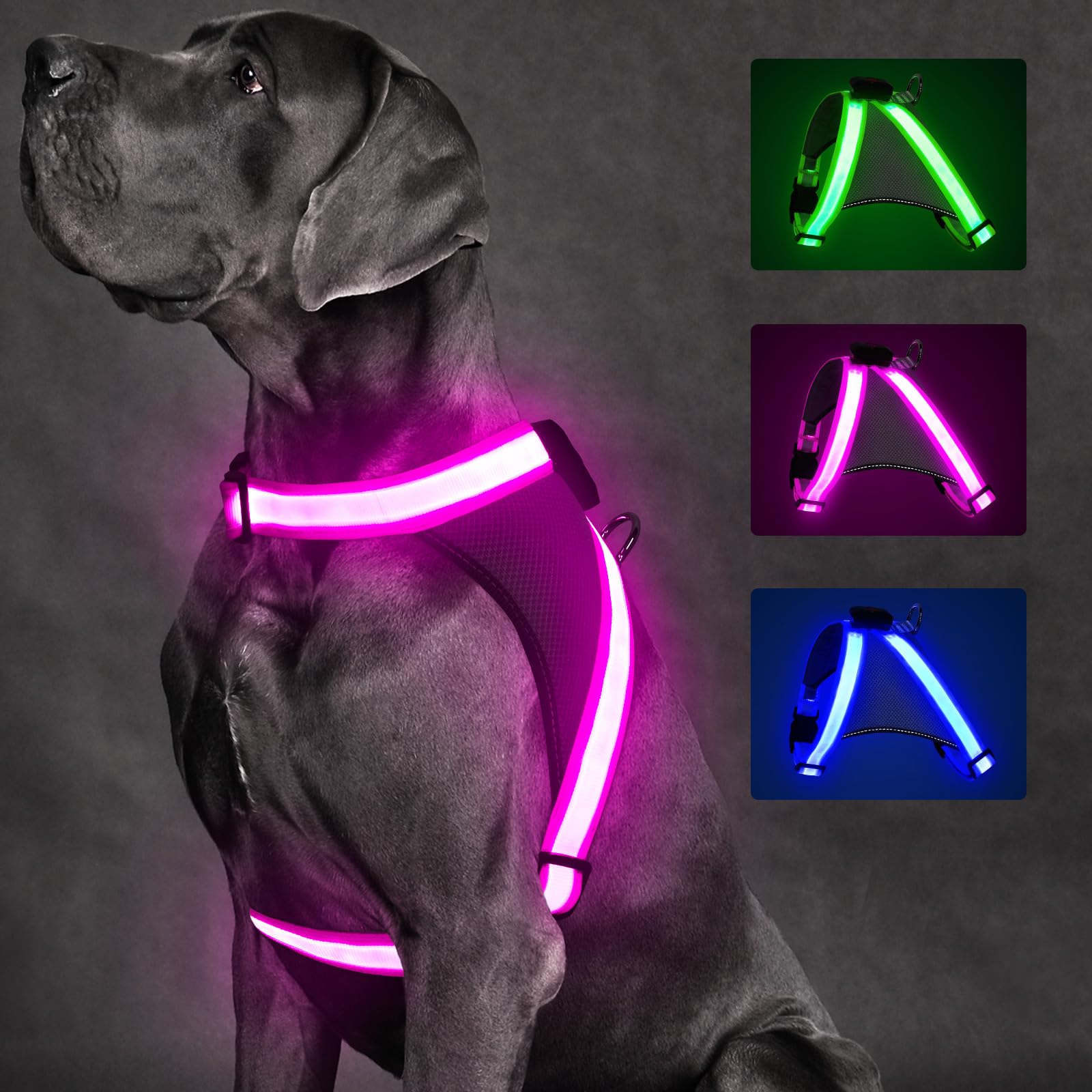 Photo 1 of ChalkLit Light Up Dog Harness, No Pull Led Dog Harness Glow-in-The-Dark for Night Walking, USB Rechargeable Lighted Safety Vest for Medium Large Dogs, Adjustable Soft Mesh Fully Illuminated(Pink, XL)