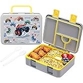 rockpapa 5 Compartment Bento Lunch Box for Kids, Leak Proof, Dishwasher Safe, BPA Free Materials, 47oz Snack Bento Box with Utensils & Handle for Boys Girls Ages 3+ (Grey Trucks)