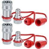 QWORK Hydraulic Quick Connect Couplers, 2 Sets 1/4 Inch NPT Thread Poppet Valve, 1/4" NPT Thread and 1/4" ISO Body, 3600 PSI, Hardened Steel with Dust Caps