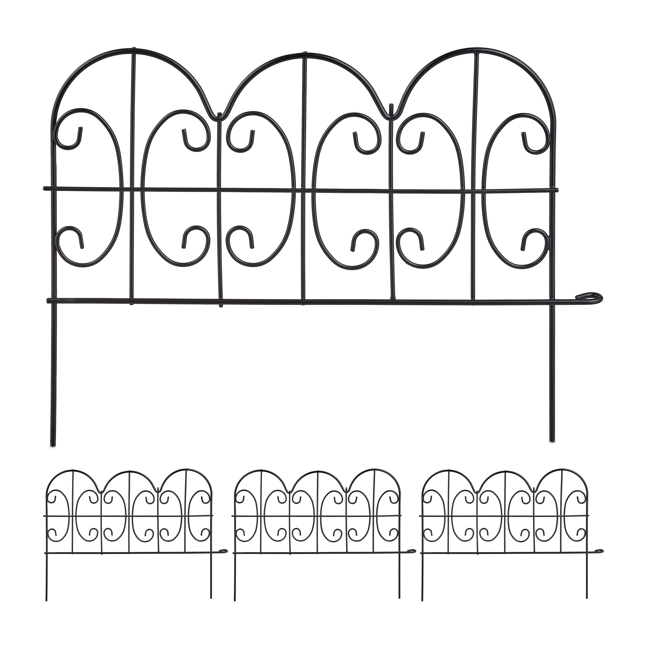 Relaxdays decorative garden fencing, lawn edging, set of 4 fence panels, 39 x 28.5 cm (LxH), metal, vintage, black