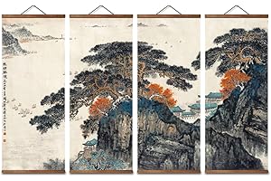 jszip Asia Chinese Traditional Landscape Scroll Wall Art, 4-Panel Mountain Water Scene, Black Walnut Wood Hanging, 35.83x11.8