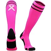 MadSportsStuff Pink Ribbon Breast Cancer Awareness Socks with Stripes for Baseball Softball Football Boys Girls Youth Adult