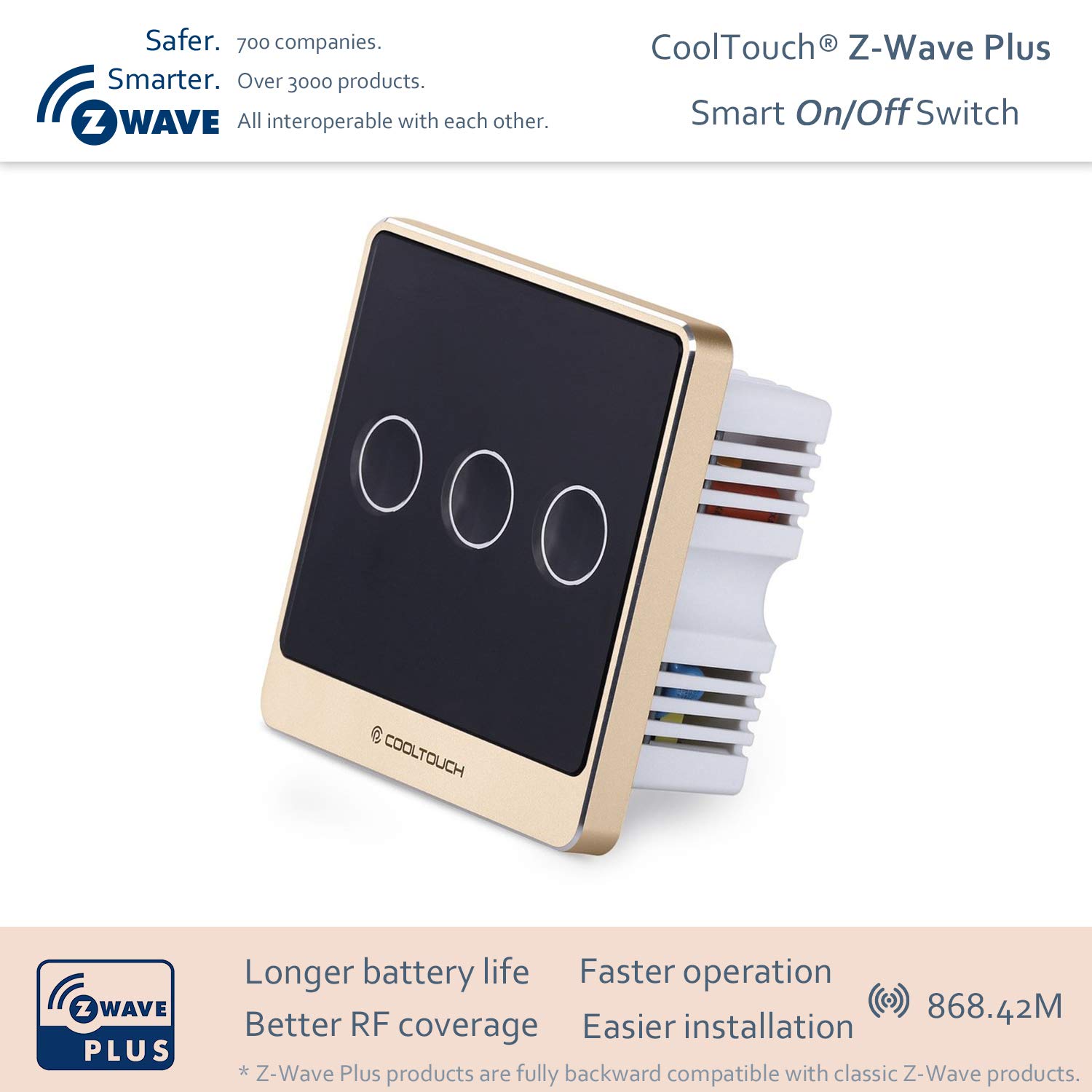 COOLTOUCH ZWave Plus Smart Wall Light Switch with Glass Touch Panel