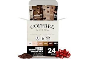 COFFREE Organic Instant Coffee Packets Variety Pack - Convenient Single Serve Coffee Sticks, Mold Free, Low Acid Arabica for On-the-Go Energy - 0–150% Caffeine Options for Hot or Cold Brew - 24 Count