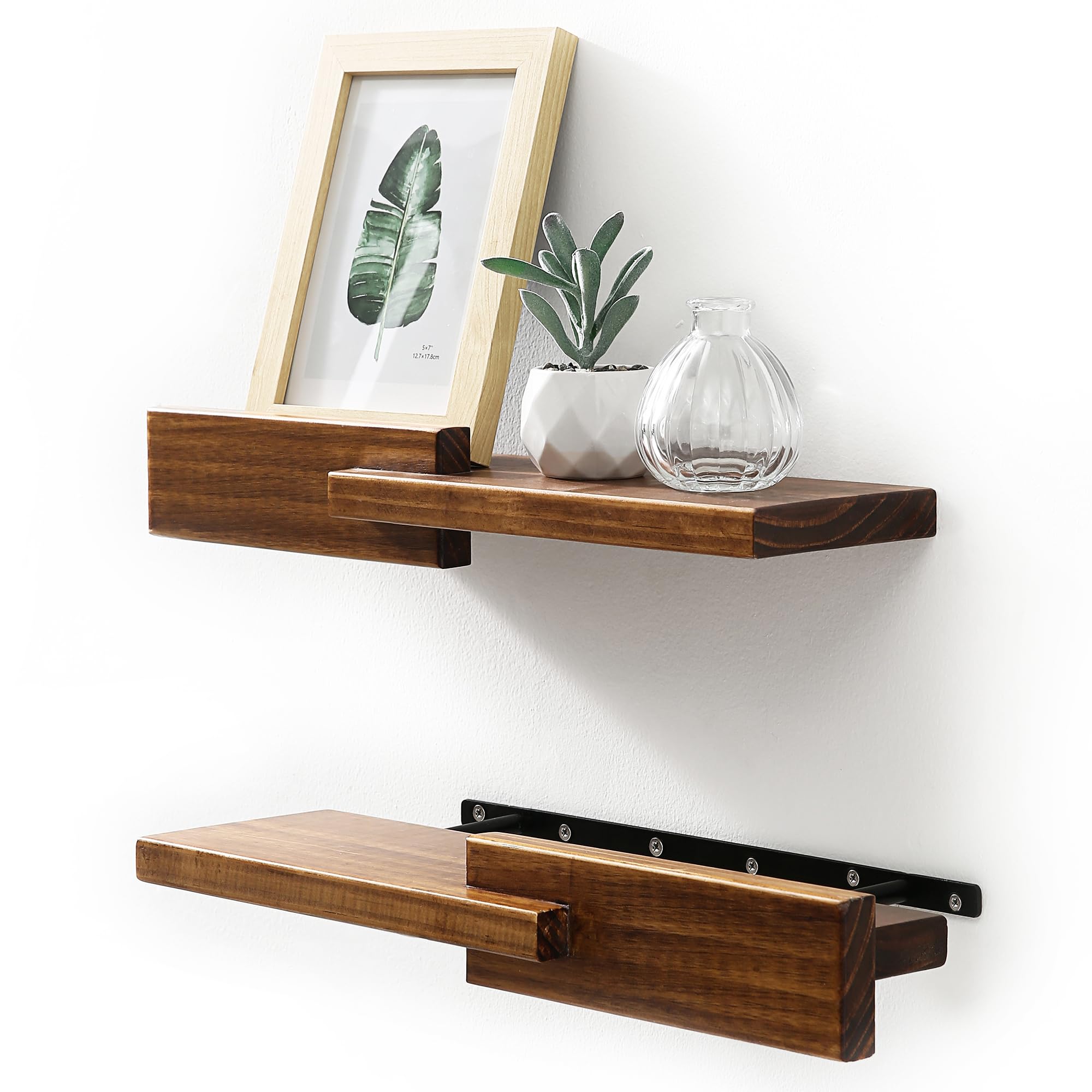 Photo 1 of **** FOR PARTS ONLY***    GRID FORTE Wood Floating Shelf Set of 2, 4.5D x 15W Inch Modern Reversible Wall Shelves, Minimalism Wall Mount Hardwood Shelves, Wall Decor for Bedroom Living Room Kitchen (Walnut)