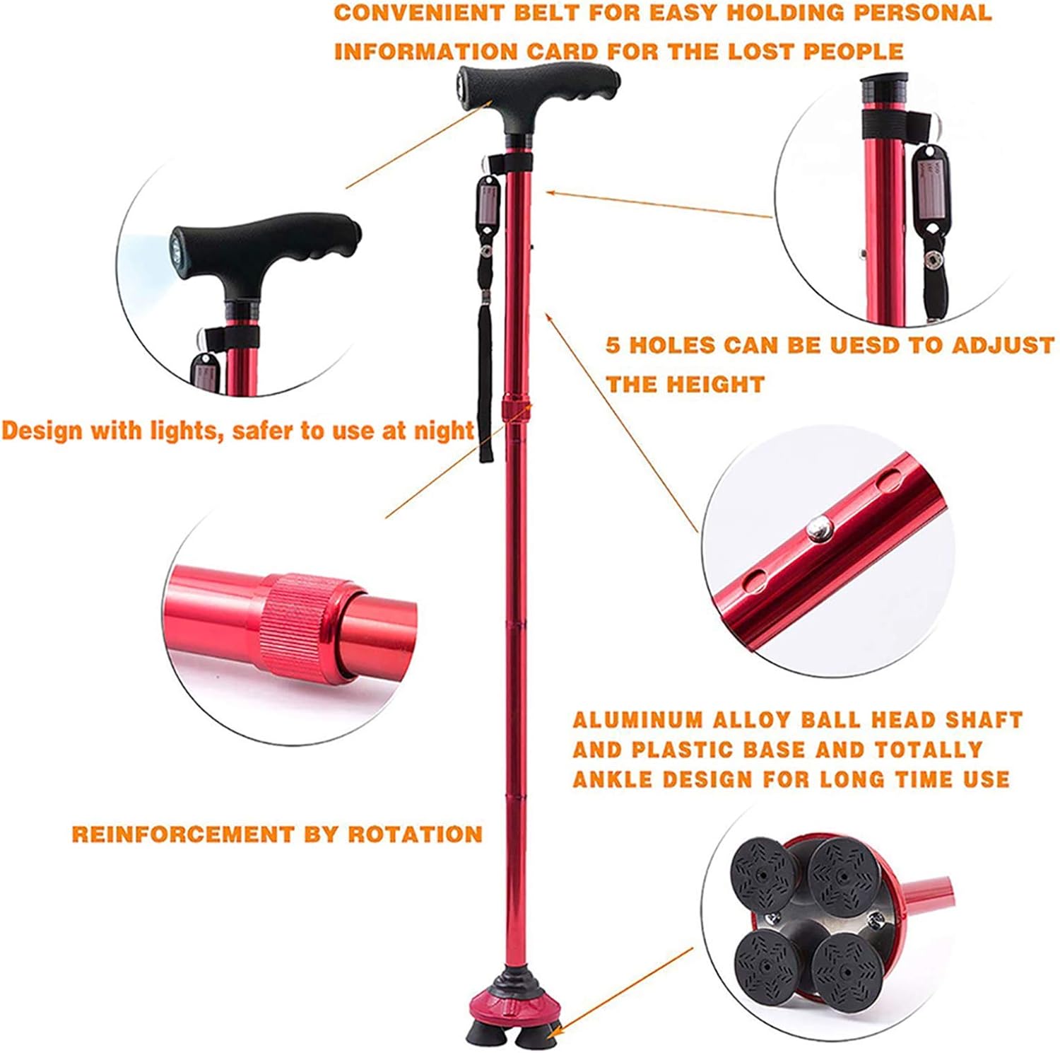 BigAlex Folding Walking Cane with LED Light,Pivoting Quad Base,Adjustable Walking Stick with Carrying Bag for Man/Woman （4.9'-5.6' Red ）: Health & Personal Care