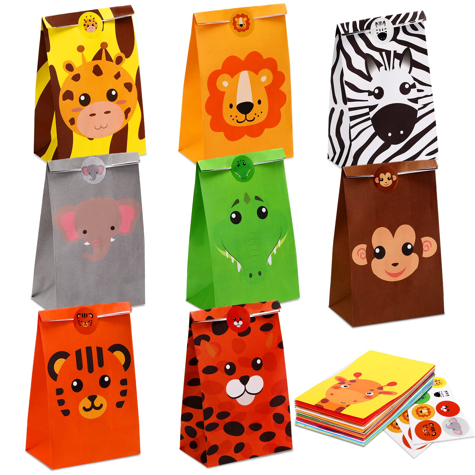 Nezyo 24 Pack Safari Party Favor, Jungle Safari Goodies Bags Animal Gift Bags for Kids with Stickers Jungle Theme Candy Valentine's Party Baby Shower Supplies