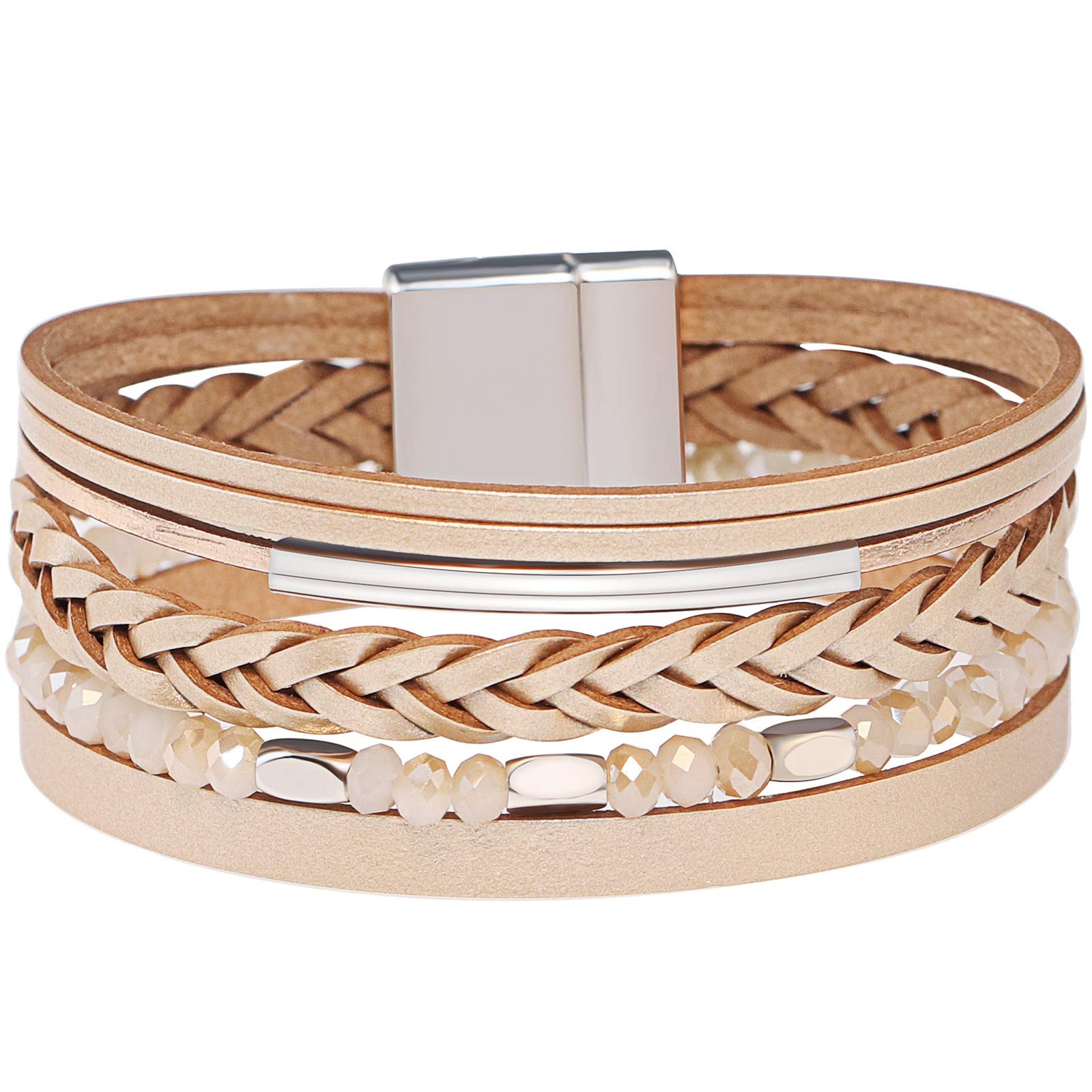 Gleamart Light Khaki Multilayer Leather Wrap Bracelet Beads Wrist Braided Bangle for Women
