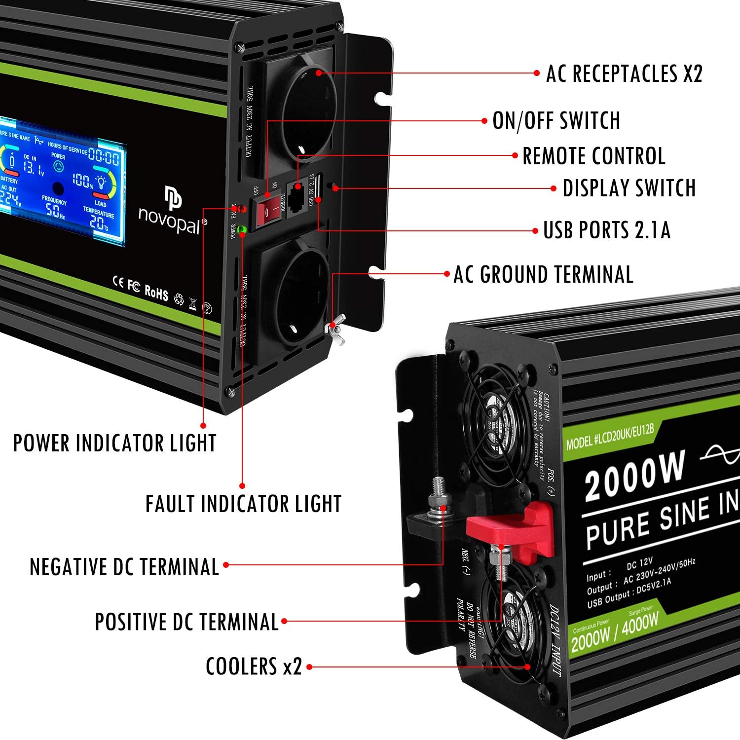 Novopal 2000W Pure Sine Wave Inverter 12V to 230V 240V Car Converter Power Inverter with LCD Display 2AC Outlets and USB Port,Remote Control for Motorhomes,Truck,Boat,Camping,Household,Van - Image 4