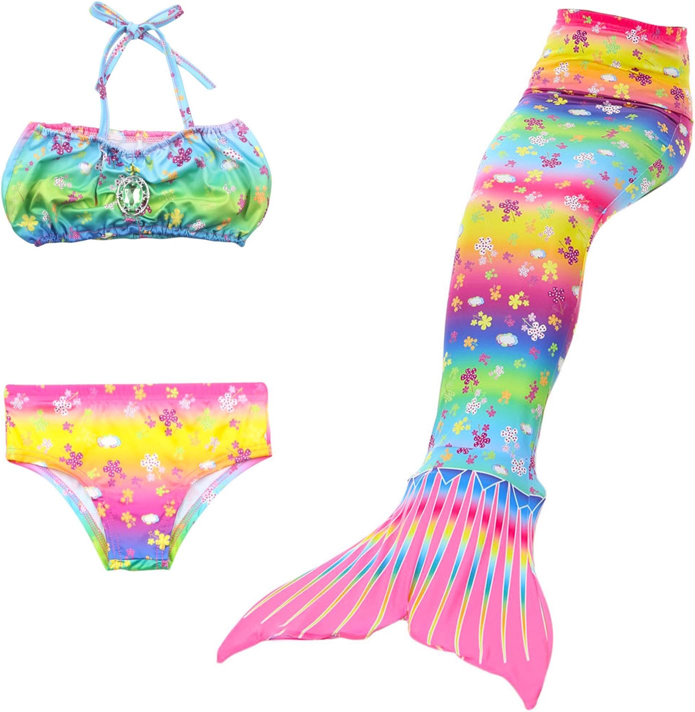 Girls 3 Pcs Mermaid Tail Swimsuit Bathingsuit Bikini Costume Pink Tail 120CM