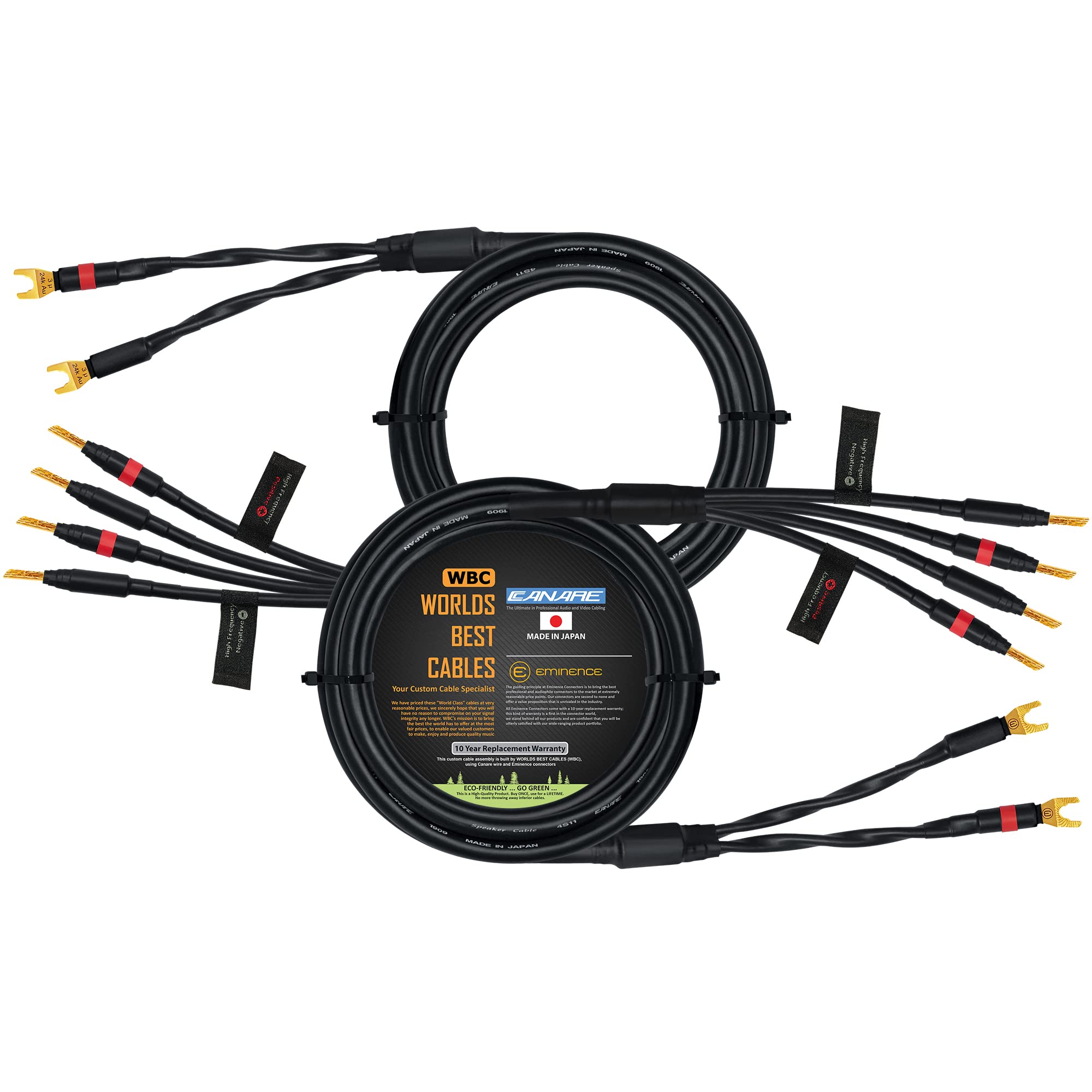 WORLDS BEST CABLES 3.5 Meter - Canare 4S11 – Audiophile Grade - HiFi Star-Quad Bi-Wire Speaker Cable Pair with Eminence Gold Banana & Spade Connectors [Spade x2 – Banana x4]