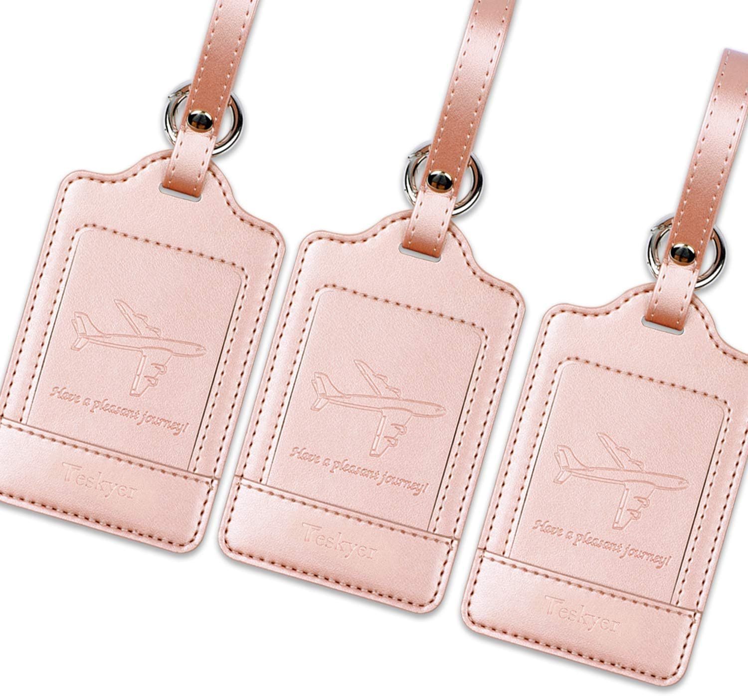  | Luggage Tags, 3 Pack Teskyer Premium PU Leahter Luggage Tags Privacy Protection Travel Bag Labels Suitcase Tags-Rose gold | Luggage Tags
