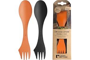 Light My Fire Spork Original 2-pack 3-in-1 Camping Spoon Fork Knife Combo Reusable Travel & Camping Utensils Lunch Spork Outdoor Backpacking Hiking Picnic Utensil BPA Free, Orange/Black
