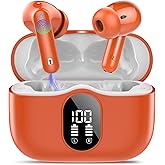 Wireless Earbuds, Bluetooth 5.4 Headphones Bass Stereo, Ear Buds with Noise Cancelling Mic, IP7 Waterproof in Ear Earphones, 36H LED Display Bluetooth Earbuds for Laptop Pad Phones, Deep Orange