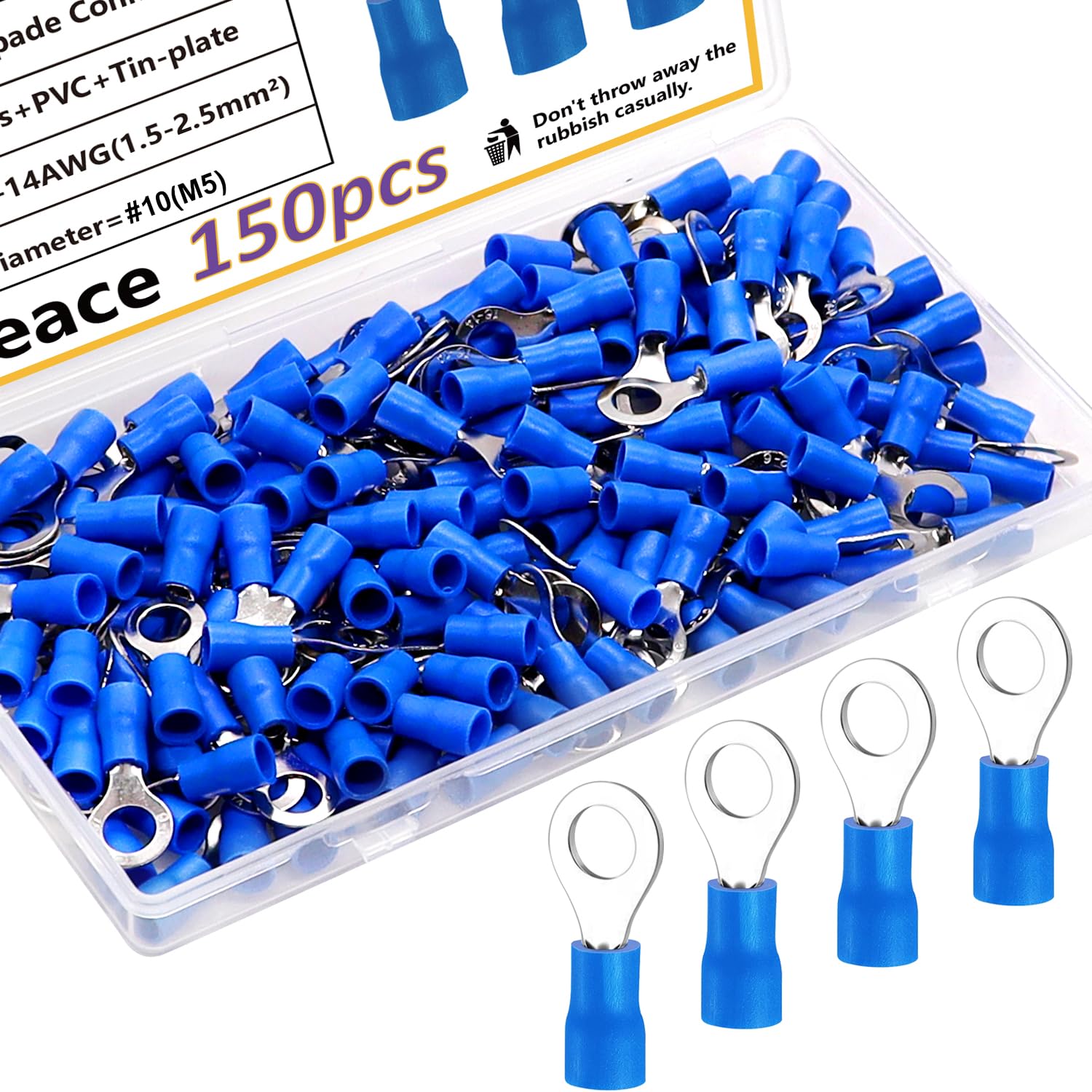 smseace 150pcs RV2#10 Insulated ring terminals Red O-type Wire Connector Electrical Crimp Terminal AWG16-14 Connectors Assortment Kit RV2-5
