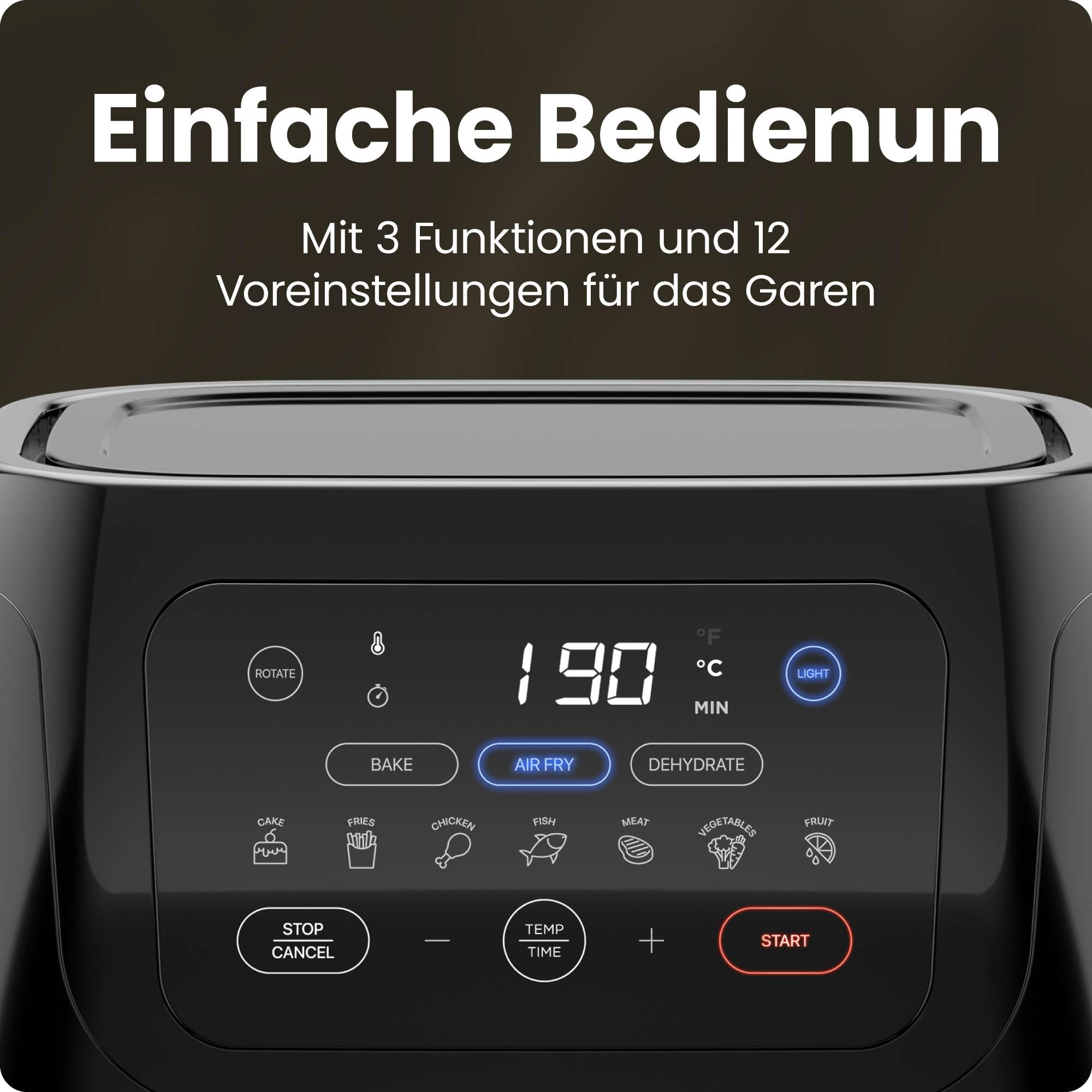 Chefman Multifunktionale Digitale Heißluftfritteuse + Rotisserie, Dörrautomat, Konvektion, 17 Touchscreen-Voreinstellungen, XL 10L Familiengröße, Automatische Abschaltung, Großes Sichtfenster, Schwarz 5