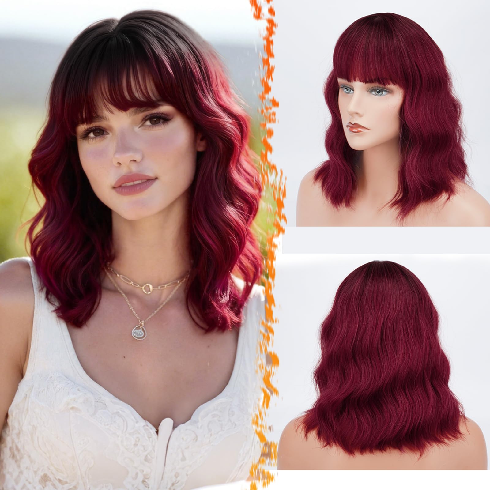 BARSDAR Pastel Wavy Wig Fluffy Lovely Curly Wigs with Bangs 14 Inches Soft Heat Resistant Synthetic Hair Shoulder Length Cosplay Party Wig with Free Wig Cap for Women/Girl- Red