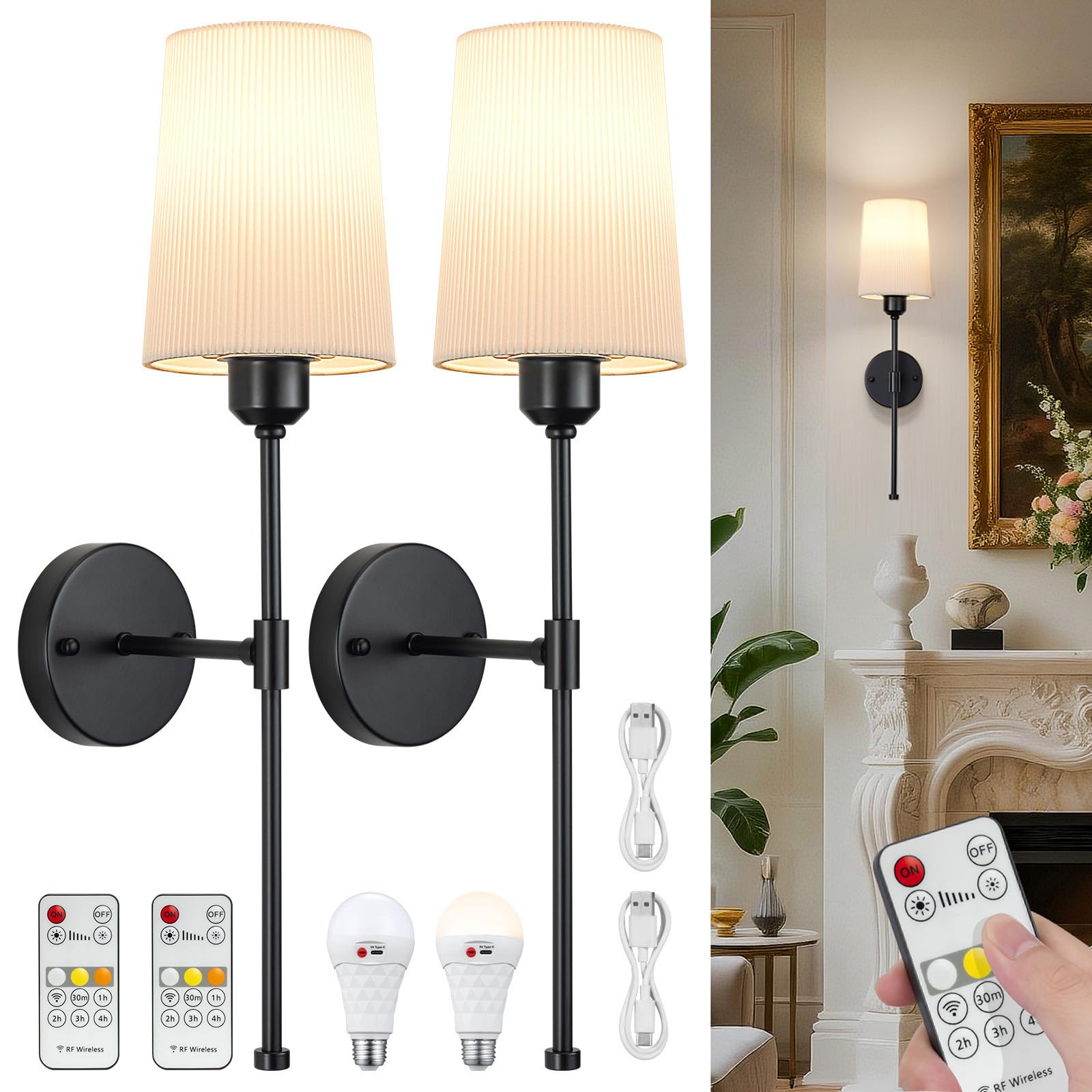 Photo 1 of NookNova Battery Operated Wall Sconce,Sconces Wall Decor Set of 2 Pleated Rechargeable Wireless Wall Sconces Set of Two Dimmable Battery Powered Wall Light Wall Lamp for Bedroom Living Room