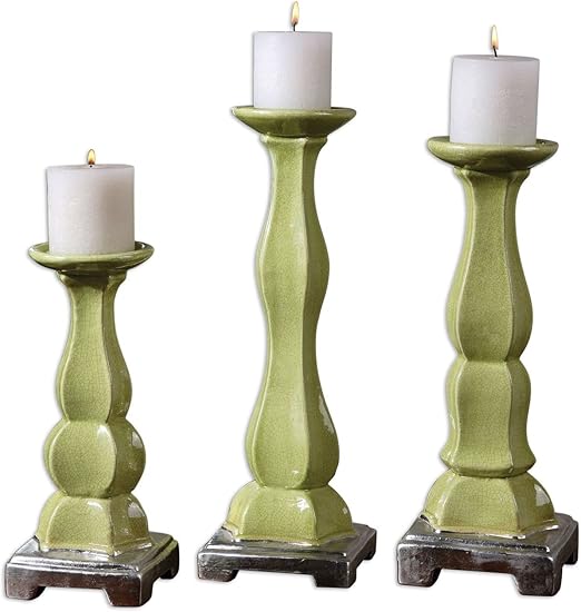 Light Bright Green Pottery Candle Holder Set Ceramic Candlesticks