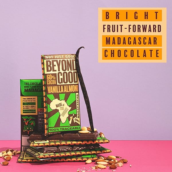 BEYOND GOOD CHOCOLATE BARS | VANILLA ALMOND DARK CHOCOLATE | ORGANIC, DIRECT TRADE, VEGAN, NON-GMO | SINGLE ORIGIN MADAGASCAR DARK CHOCOLATE