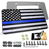 Aootf American Flag License Plate -Matte Black Thin Blue Line Police Aluminum Composite Front Plate,Car Decoration License Pl