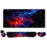 ToLuLu Extended Gaming Mouse Pad, Memory Foam Ergonomic Keyboard Mouse Wrist Rest Support Set, Large Desk Mat with Stitched Edges, Non-Slip Base Mousepad for Home Office and Game, Blue Red Galaxy