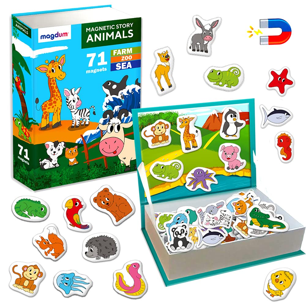 Animal Story Fridge Magnets for Kids - Magdum - 71 Magnetic Pieces Story Play Set - Creative Storytelling Toy for Toddlers - Educational Scene Builder Game - Strong Durable Safe Magnets - Gift