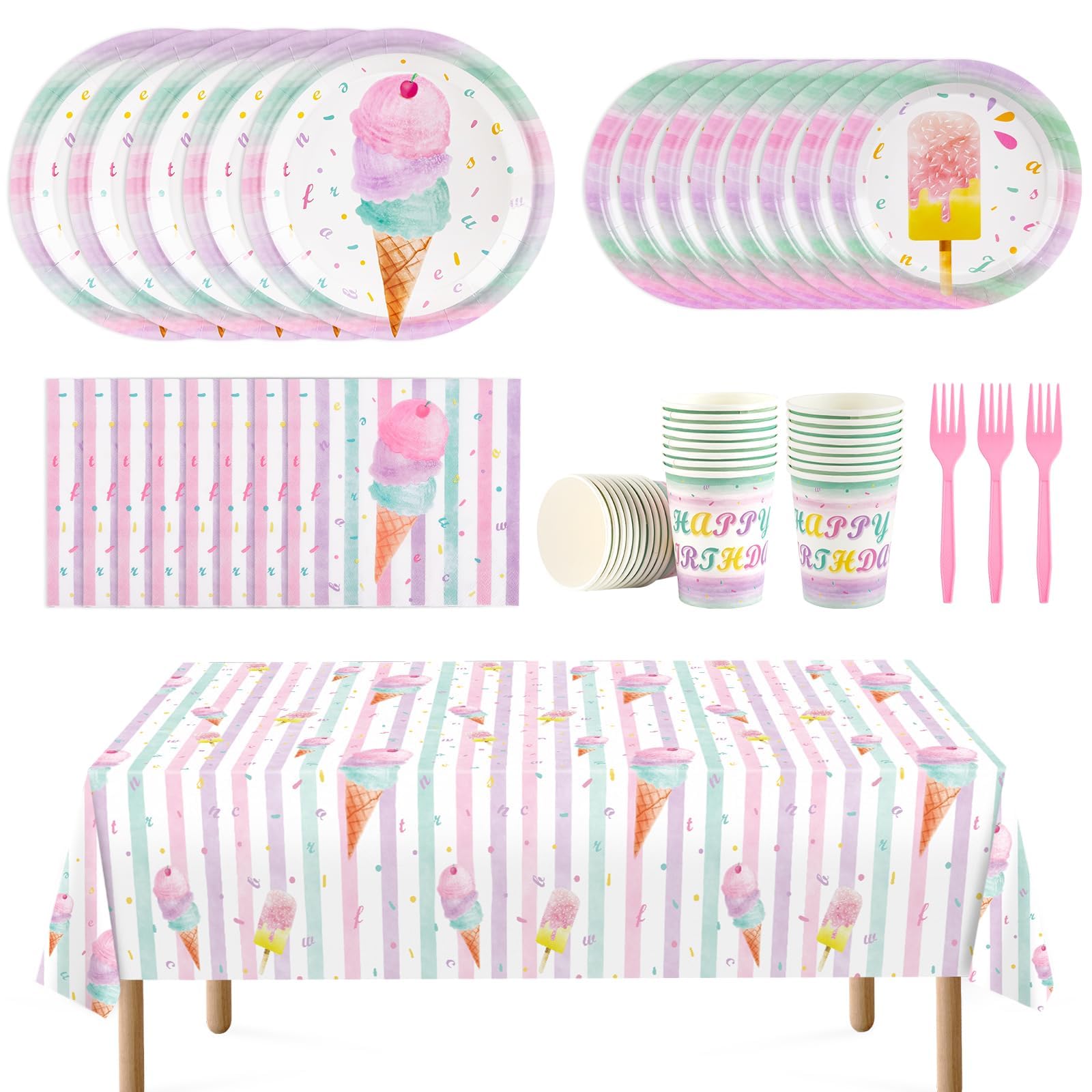Photo 1 of Ice Cream Party Supplies Set - Ice Cream Popsicle Party Tableware for Girls Kids Birthday Baby Shower Disposable Tablecloth Plates Paper Cups Napkins Cutlery Bag Utensils Serves 16 Guests 130PCS