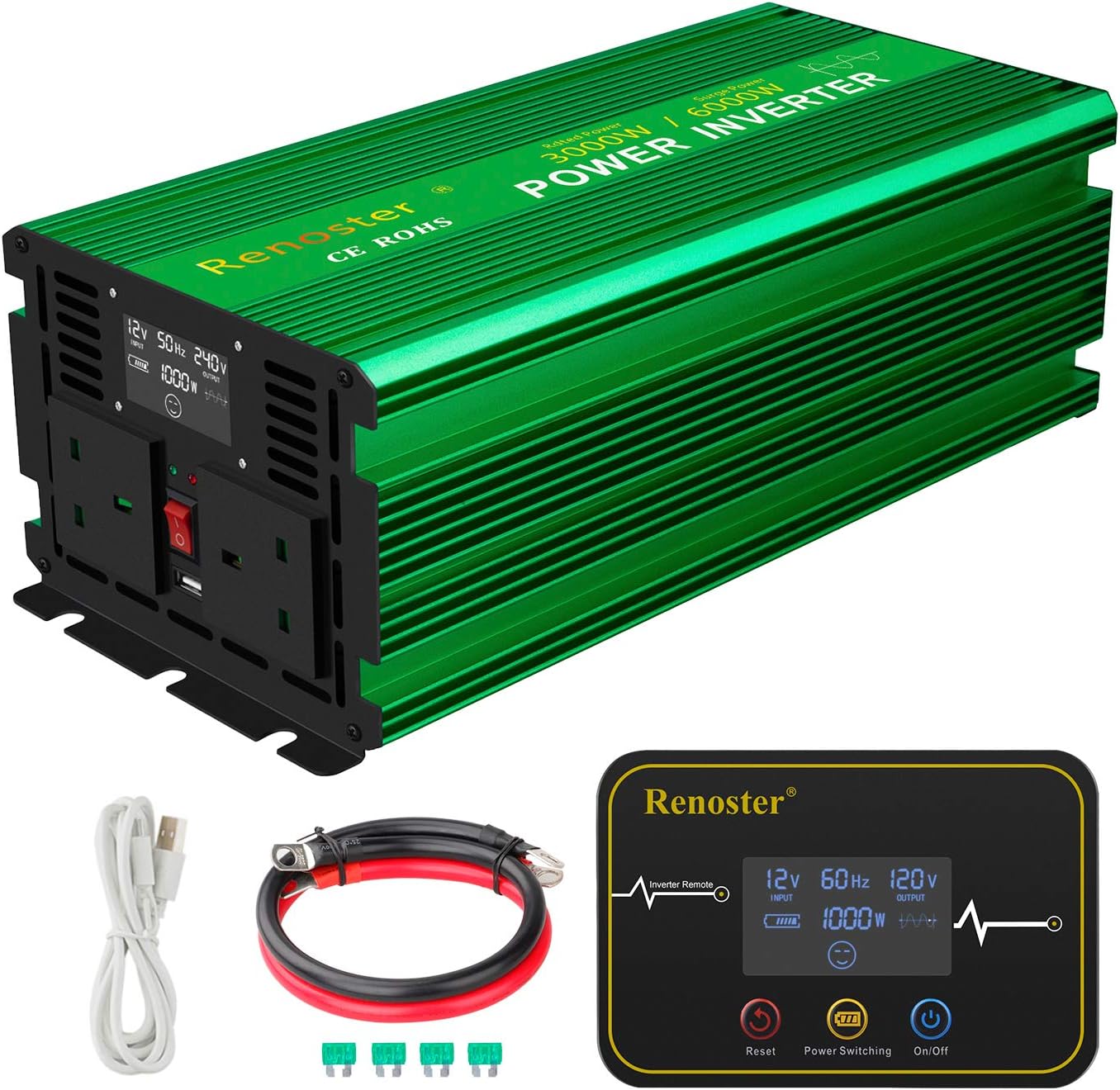 Renoster 3000W Pure Sine Wave Inverter Power Converter DC 12V to AC ...