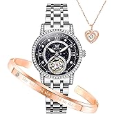 OLEVS Automatic Womens Watches Mechanical Diamond Skeleton Luxury Dress Stainless Steel Silver/Rose Gold Waterproof Luminous Ladies Wrist Watches Gift Set