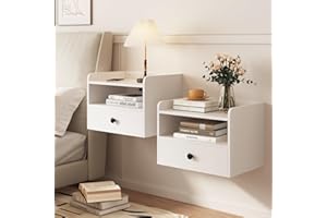 HOSEOKA Floating Nightstand Set of 2 with Charging Station Modern Night Stand for Bedroom with Drawer Small Bedside End Table with Outlet Wood Wall Mounted Nightstands Set 2White