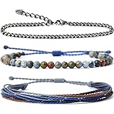 Natural Stone Bead Bracelet, Distressed Cuban Chain Stainless Steel Men's Bracelet & Braided Waxed String Set – Handmade 3-Piece Vintage Men's Jewelry Collection