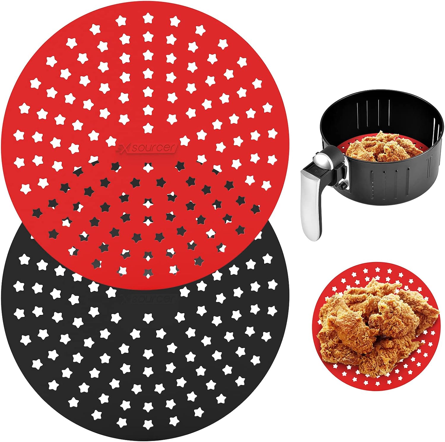 Xsourcer Reusable 9 Inch Round Air Fryer Liners,New Star Designed Upgraded Thicker Silicone Air Fryer Mats, Heat Resistant Non-Stick Food Grade Air Fryer Accessories for Cosori, Gowise, Nuwave, Chefman and More, BPA Free (Black & Red 2 Pack)