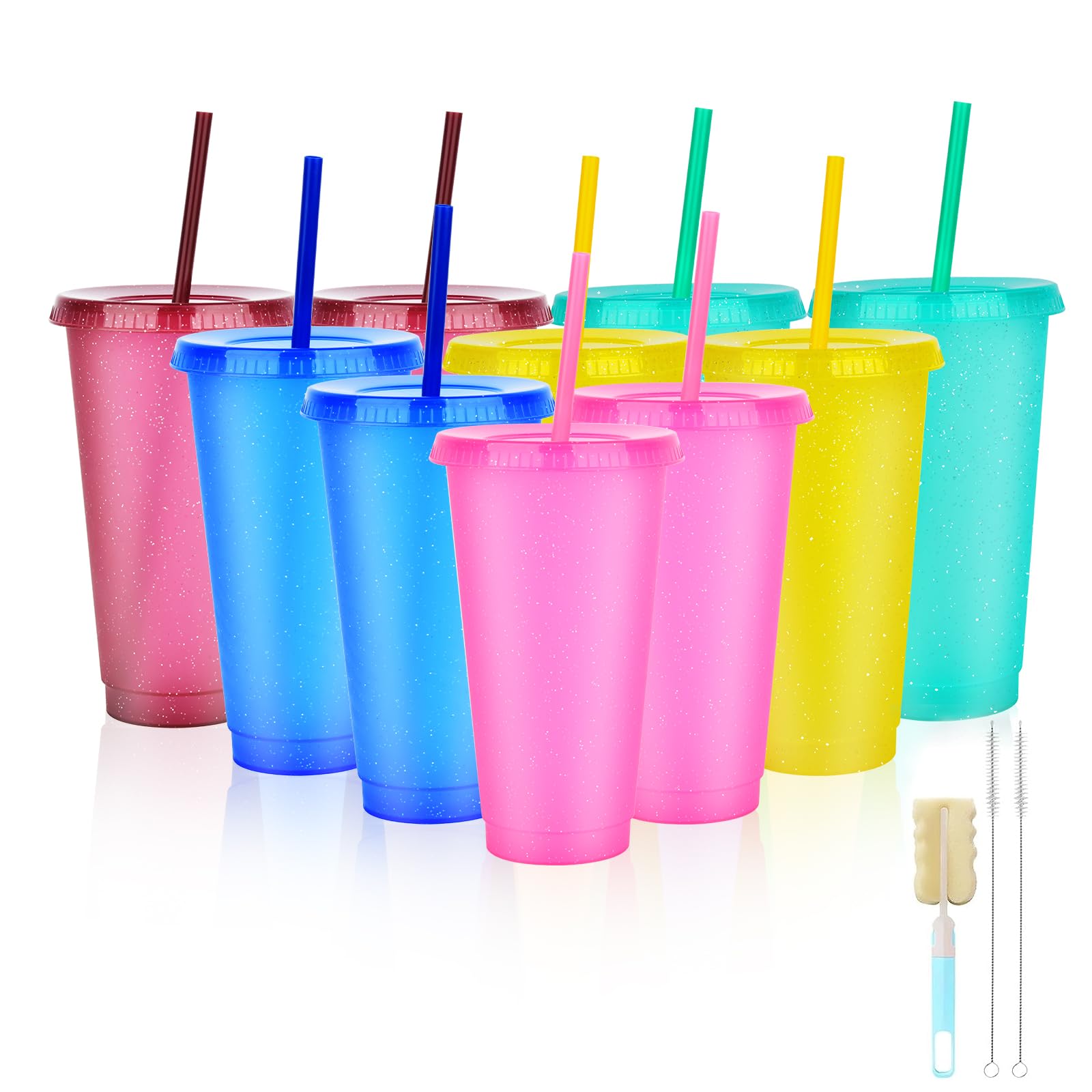 NUZEKY Reusable Plastic Cups with Straws & Lids - 10Pcs 24oz Cold Iced Coffee Drinking Cup Colorful Straw Tumblers Bulk - Cute Durable Travel Party Cup for Adults, 203LBSUY19D2LOY