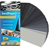 Wet Dry Sandpaper 48Pcs Waterproof Sand Paper Sheet #120~5000 Grit Assortment Sanding Paper 9x3.6 Inch for Wood Metal Automot