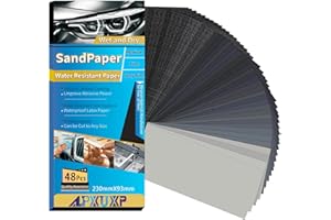 Wet Dry Sandpaper Assortment 48Pcs Waterproof Sand Paper Sheets 9x3.6 Inch Assorted Grit 120 180 240 400 600 800 1000 1200 15