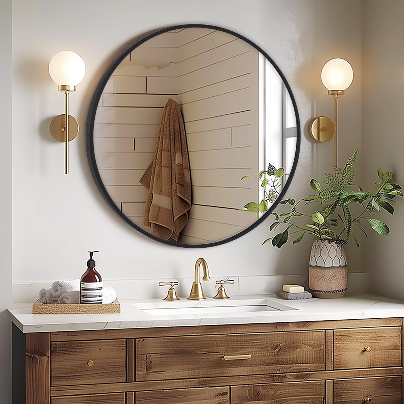 Melodieux Round Wall Mirror 50cm Black Circle Hanging Mirror Home Decorative Wall Mounted Vanity Mirror for Bathroom Living Room Hallway