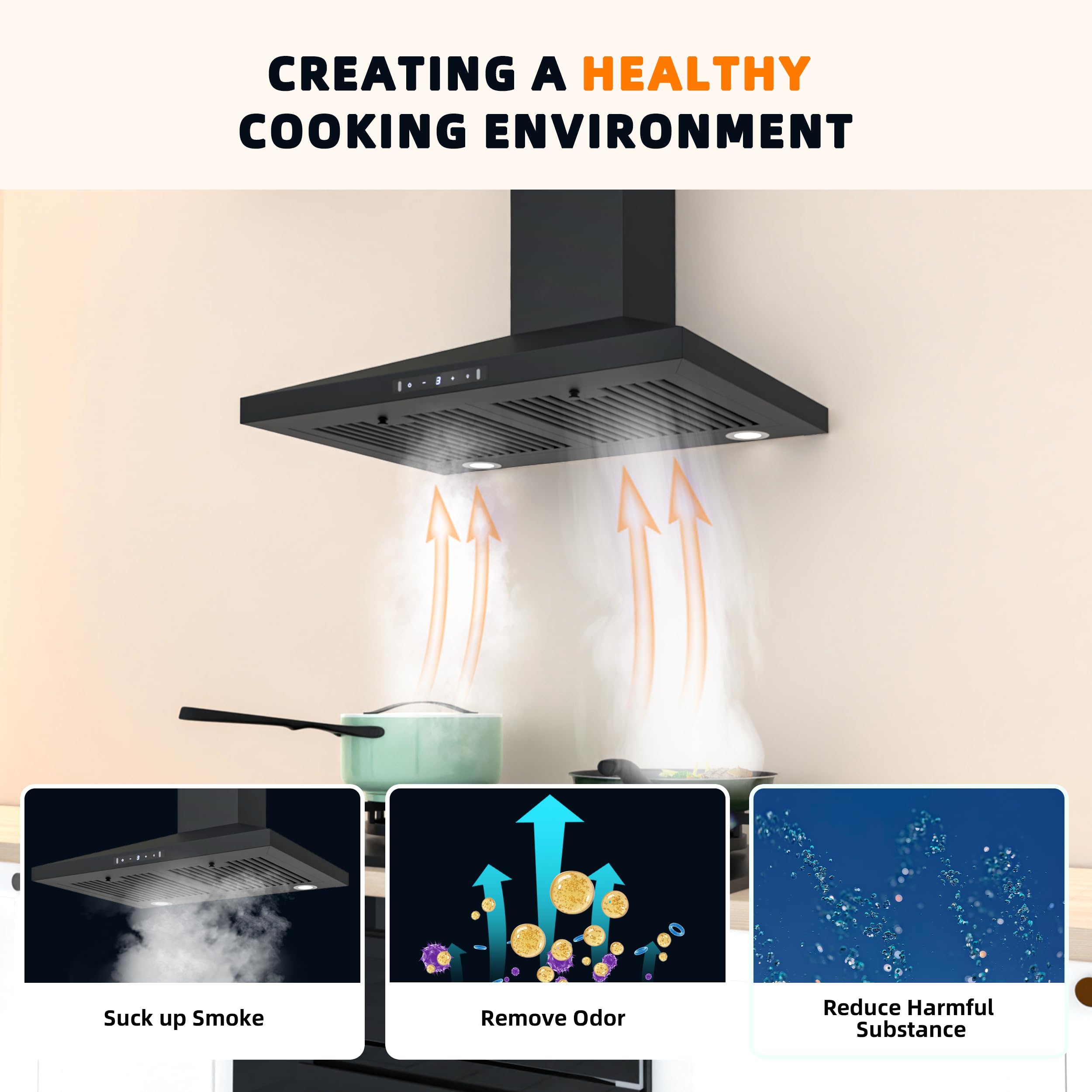 FIREGAS Black Range Hood 30 inch, 450 CFM Wall Mount Range Hood with Ducted/Ductless Convertible, Gesture Sensing Control & Touch Control Kitchen Hood Vent, Baffle Filters, Charcoal Filters